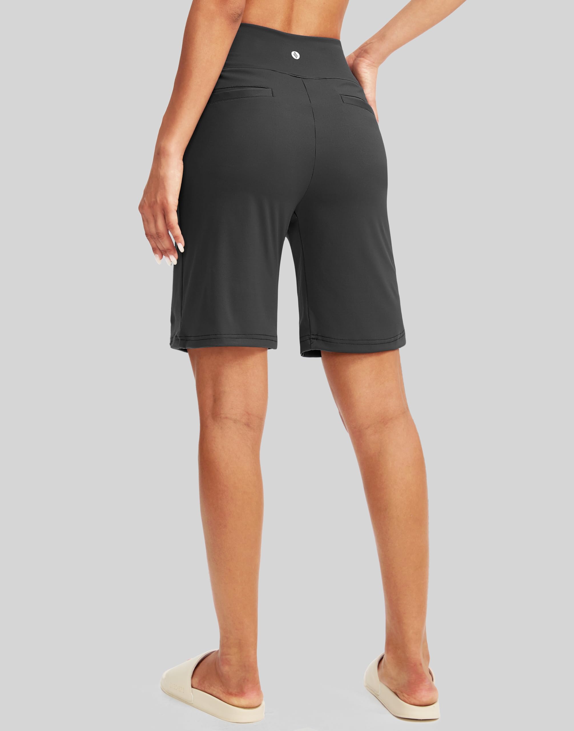 SANTINY Bermudas de cintura alta de 9 pulgadas para mujer, con 4 bolsillos, longitud hasta la rodilla, pantalones cortos largos para mujer, entrenamiento, atletismo, casual