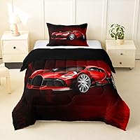 Vista 9 de Feelyou Juego de edredón de coche deportivo, juego de edredón rojo de carreras para niños y niñas, juego de ropa de cama con temática de deportes