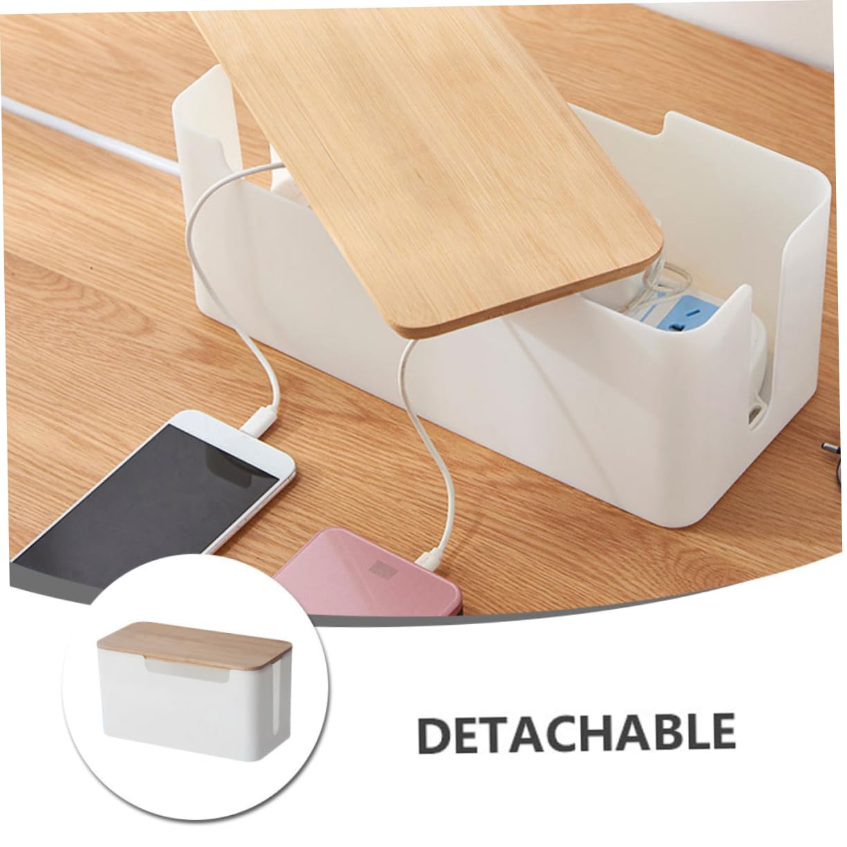 CIYODO Sturdy Wooden Cover Cord Organizer Case Cable Management Box Cord Organizer Storage Box