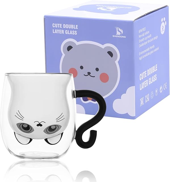 SHENDONG Cute Cat Mugs with Handle Cute Cups Cat Tea Coffee Cup 8.5oz Milk Cup Double Wall Insulated Glass Gift for Personal Birthday Valentine's Day and Christmas (Black Cat)