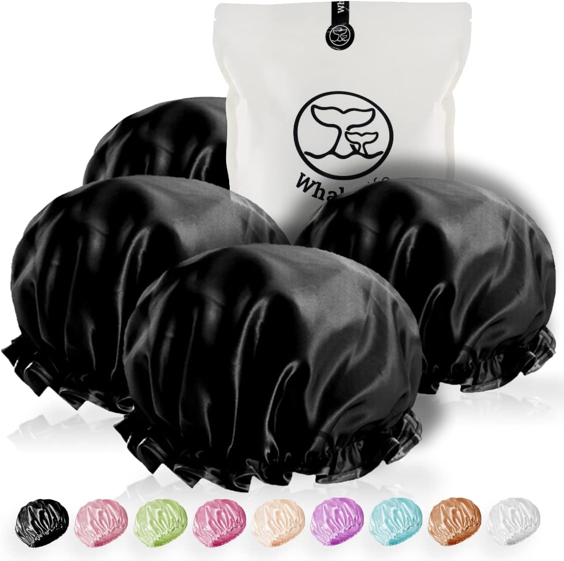 Shower Cap for Women Reusable Large Shower Cap (Black 4 Pack XL) Satin Double Layer Extra