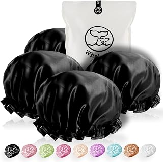 WhaleLife Black Shower Caps 4 Pack - Double-Layer Waterproof Reusable Satin-Lined Extra Large for Thick Long Hair Men Women Spa Travel