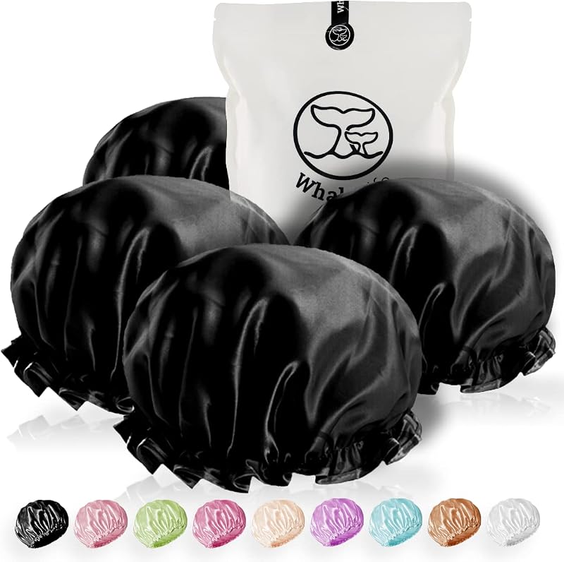 Touca de banho WhaleLife preta, dupla camada com revestimento de cetim, reutilizável, tamanho grande, pacote com 4