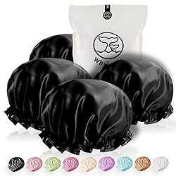 WhaleLife Shower Cap - Black Double-Layer Waterproof Reusable Satin-Lined for Women Men | Fits Thick Hair | Home Spa Travel 4 Pack
