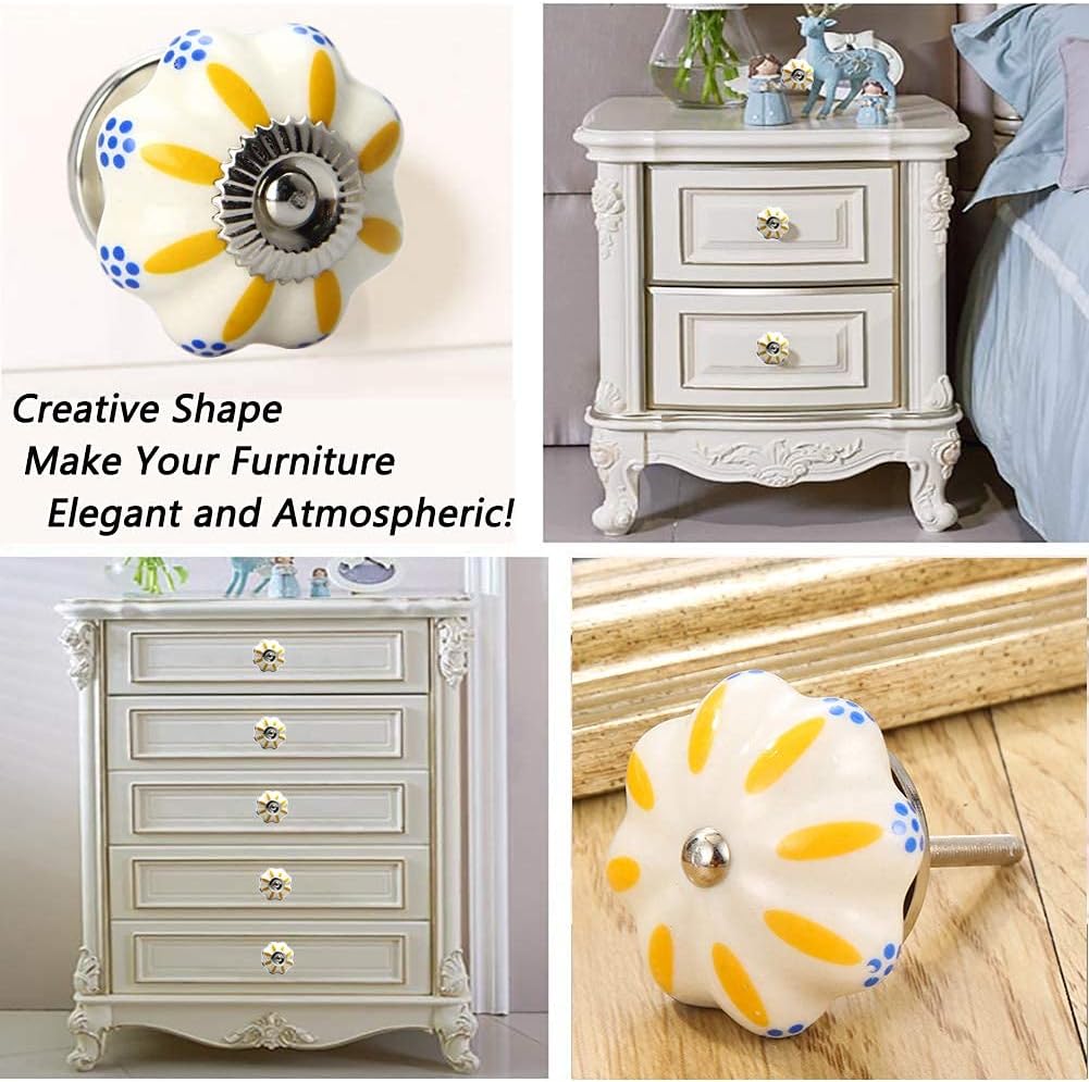 GOSCHE 5 Pack Ceramic Painted Cabinet Knobs, White and Yellow Floral Decorative Drawer knobs Vintage Style, Cupboard Wardrobe Dresser Furniture Handle, Kitchen Drawer Handles & Pulls