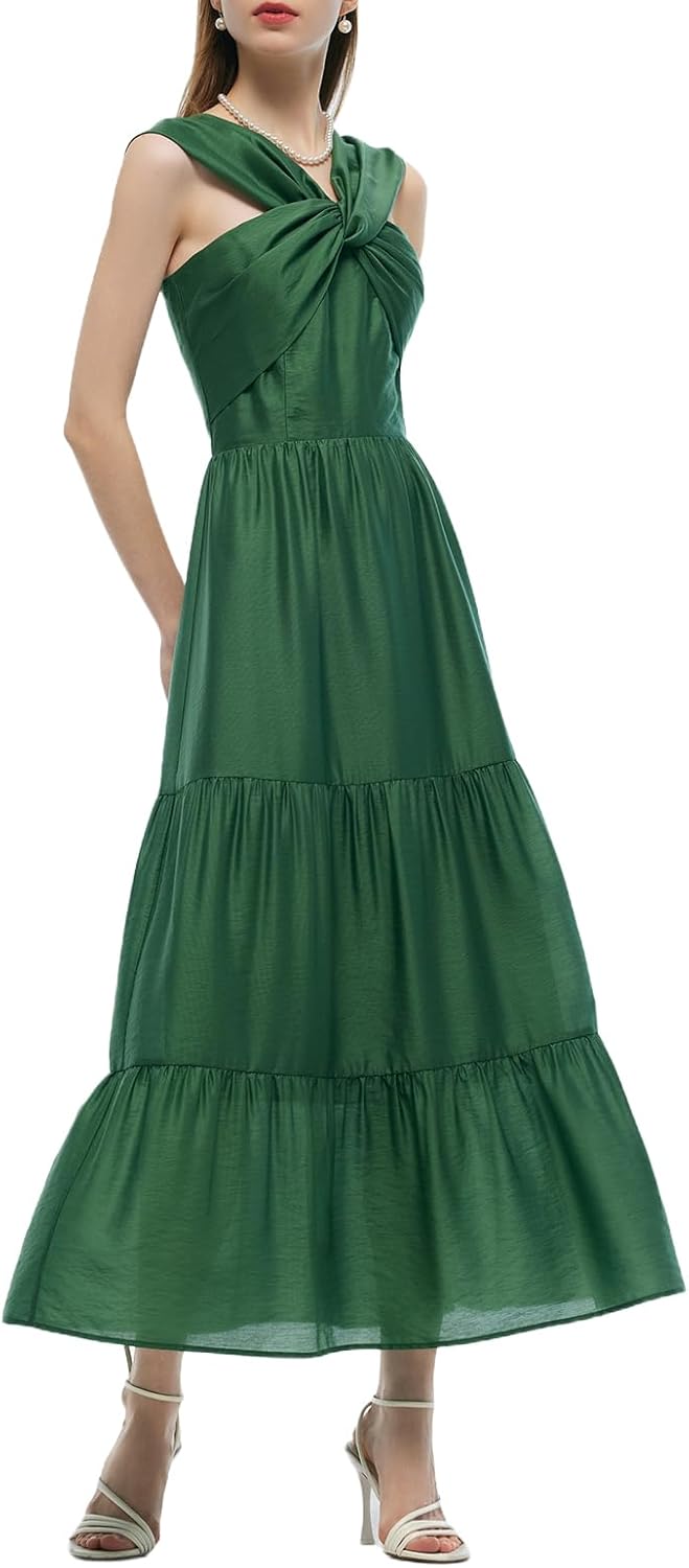 Women Ruffle Tiered Maxi Flowy Dress, Convertible Neckline, Forest Green