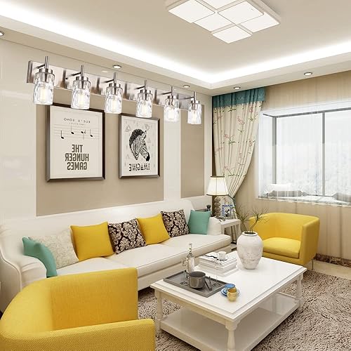 Miniatura 6 de BONLICHT Lámpara de pared de tocador de baño Mid-Century con vidrio de agua transparente, 6 luces de granja para baño sobre espejo, lámpara de pared