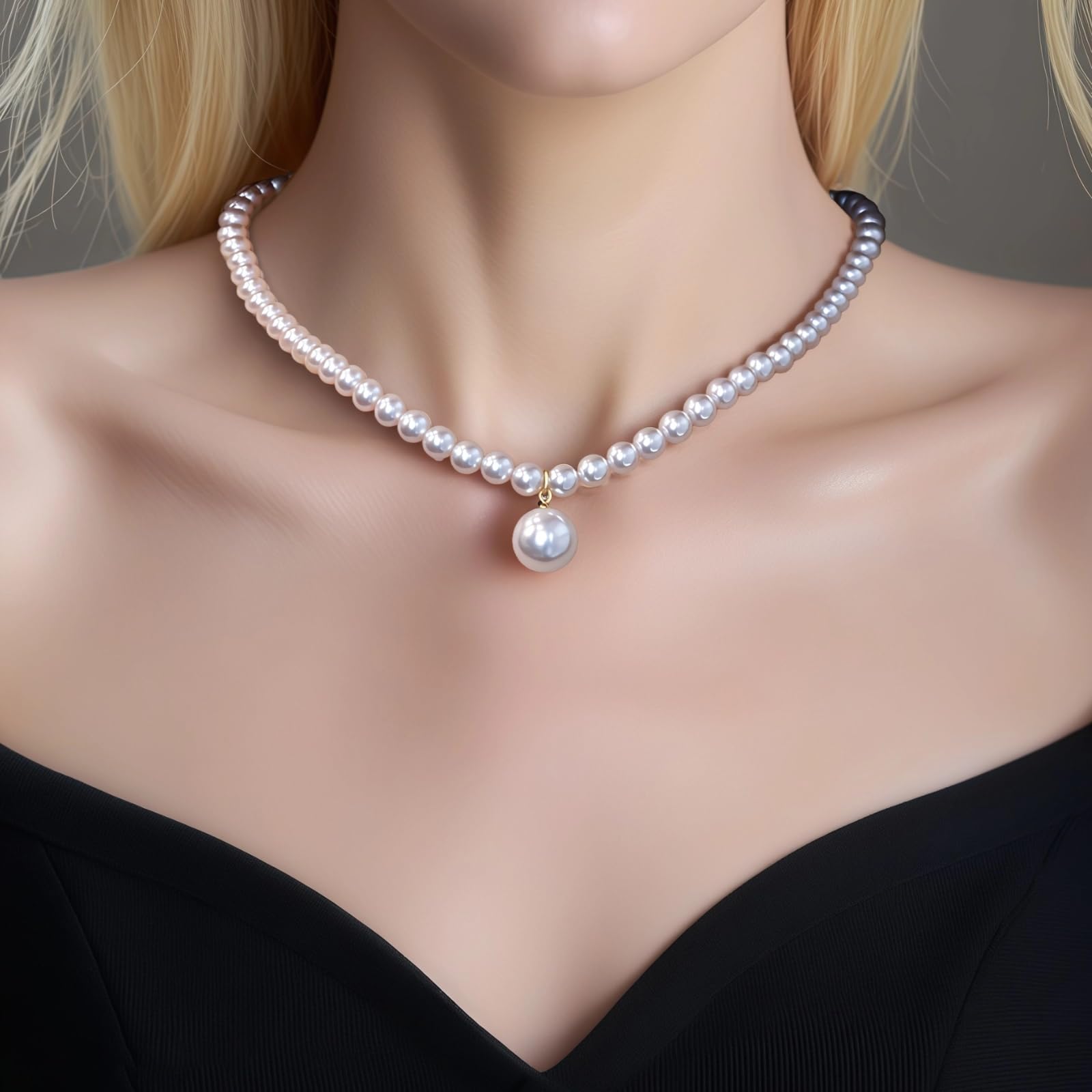 Collar de plata de ley 925 con perlas artificiales blancas y colgante chapado en oro, ajustable de 18.43 pulgadas, viene con caja de regalo