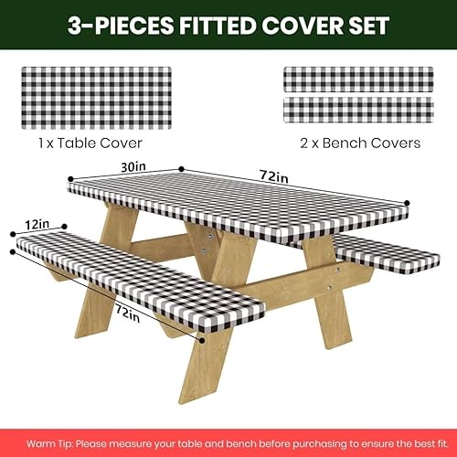 Miniatura 2 de Mantel de mesa de picnic con fundas de banco funda elástica impermeable de 6 pies - Juego de 3 piezas de mantel de vinilo con respaldo de franela