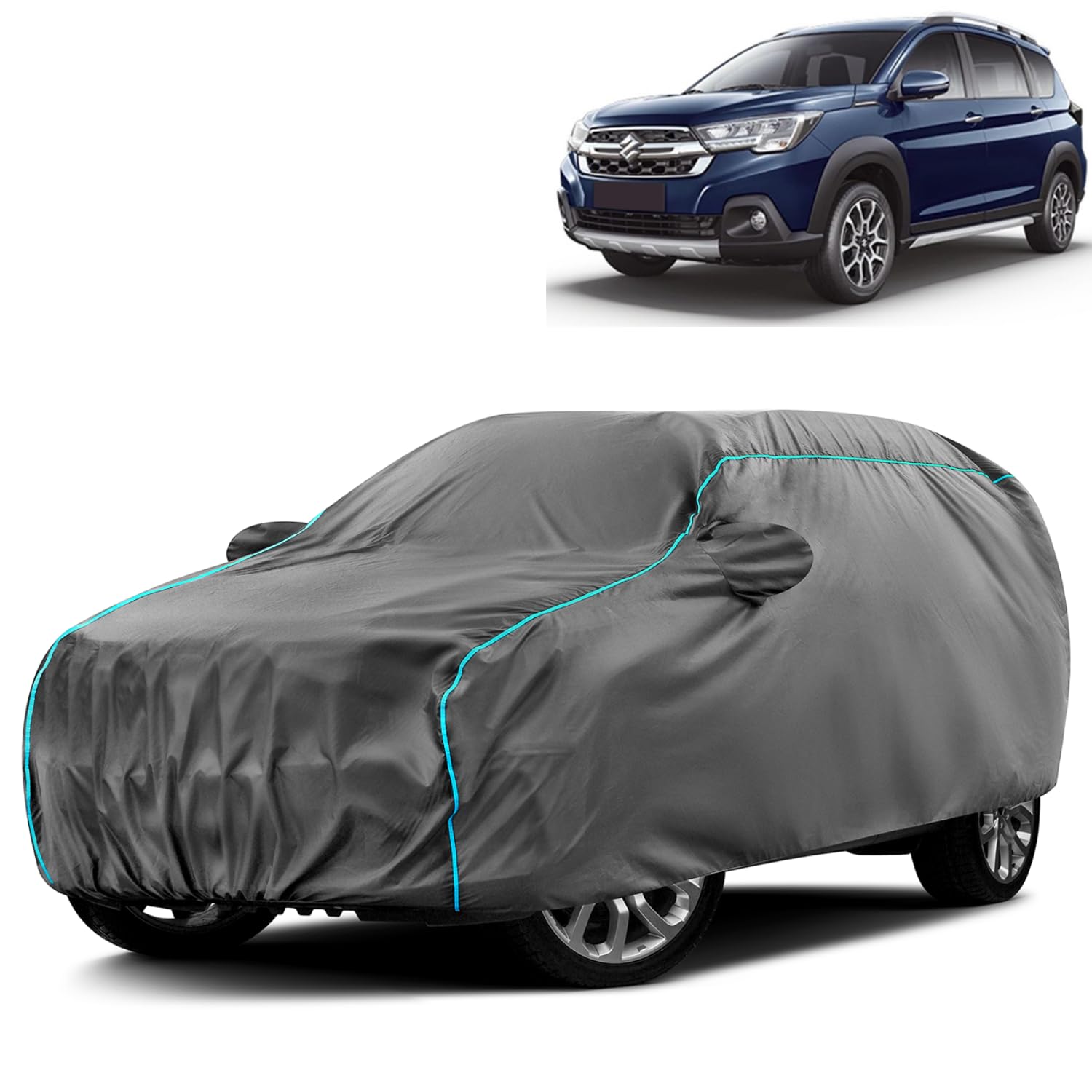 VOICO Water-Resistant Dustproof Car Cover for Maruti Suzuki Nexa XL6 - Mirror Pocket, UV Protection, Scratch Guard, Buckle Belt, Front & Back Bottom Elastic with Aqua Blue Piping - Grey-image-18