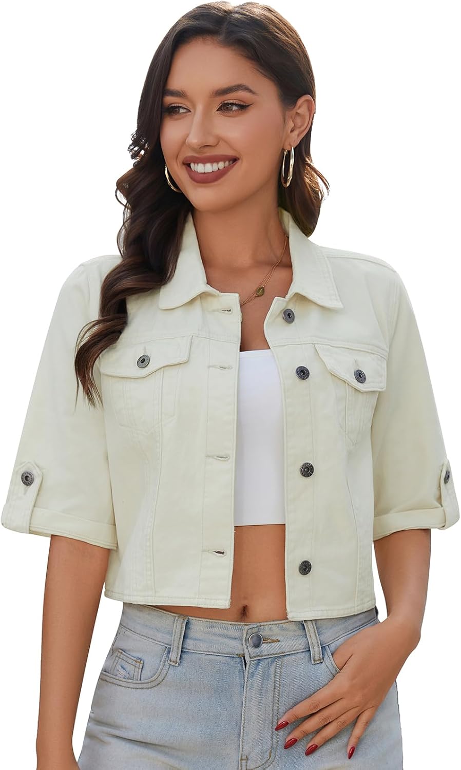 MISS MOLY Women's Cropped Denim Jackets Summer Short Sleeve Classic Casual Jean Jackets