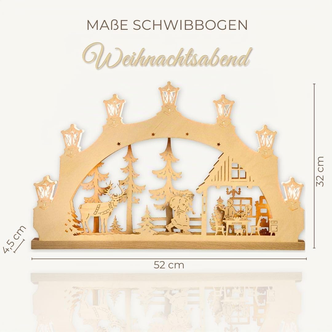 weigla - Schwibbogen original Erzgebirge I LED Lichterbogen Weihnachten I Motiv Weihnachtsabend I 7 Lampenkerzen + 1 Ersatzlampe I 7 x 34 V, 0,2 W, E10 I beleuchtete Weihnachtsdeko