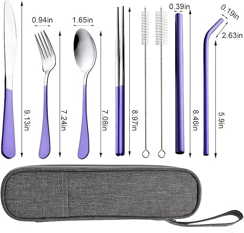 Miniatura 3 de Juego de utensilios portátiles, juego de cubiertos de viaje reutilizables con funda, juego de cubiertos de acero inoxidable para camping, 8 piezas,