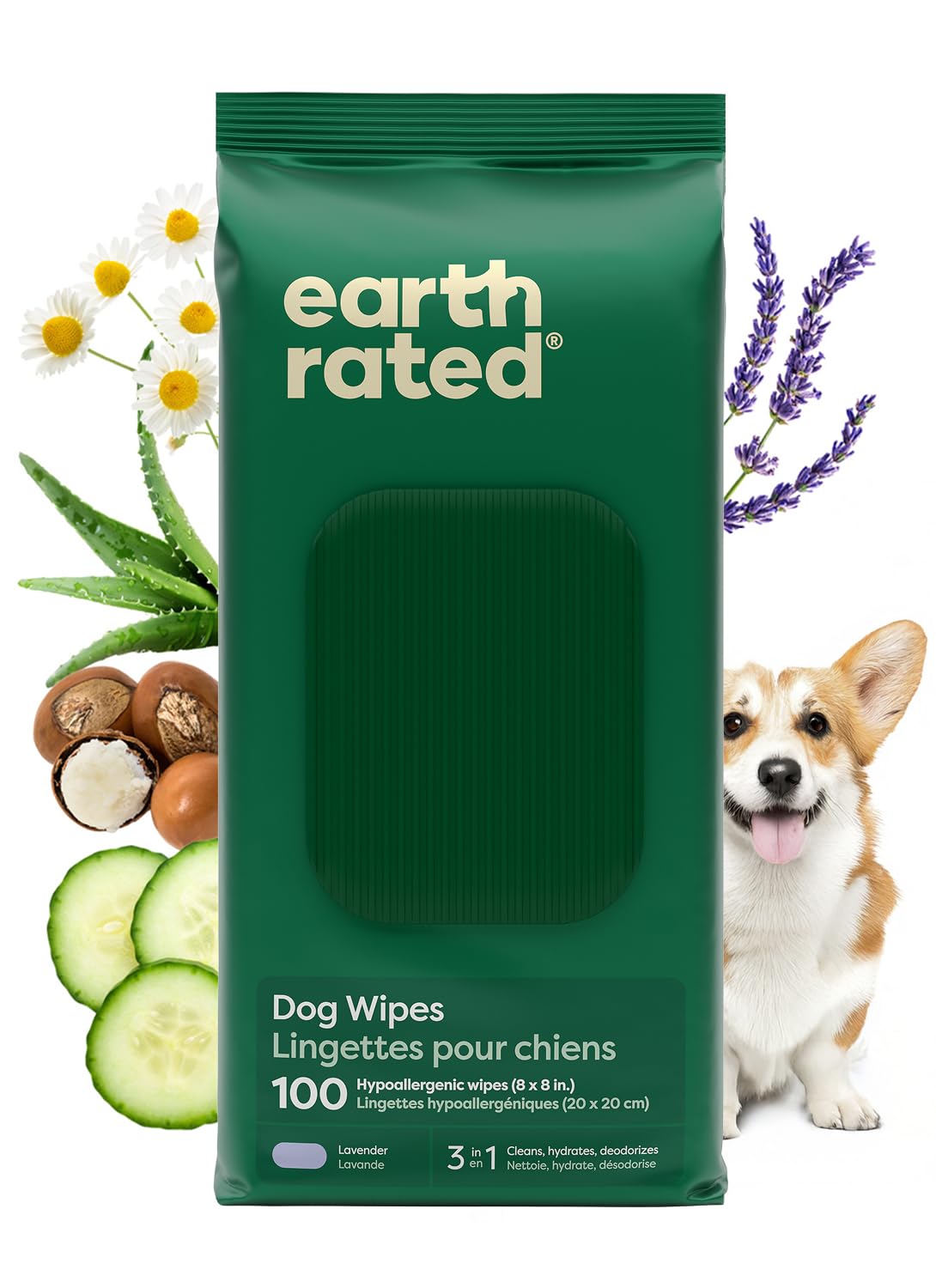 Earth Rated Dog Wipes, Hypoallergenic, Cleaning and Hydrating, for Grooming Paws, Body and Butt, Lavender Scented, 100 Count