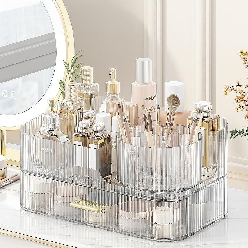 Makeup Organizer with Drawers and Rotating Makeup Brush Holder,Large Capacity Stackable Cosmetic Organizer Countertop,Bathroom Organizers and Storage,Make up Organizers for Vanity (clear02)