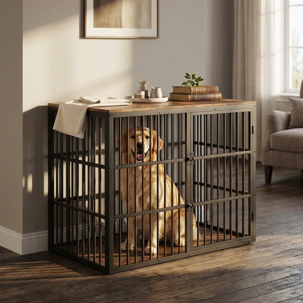 Dog Crate, Triple-Entry Dog Crate Furniture End Table, Heavy Duty Metal Frame Dog Kennel Indoor Cabinet, Spacious Dog Kennel Furniture for Large Dog Crate, 48 Inch 3 Lockable Doors Brown & Black