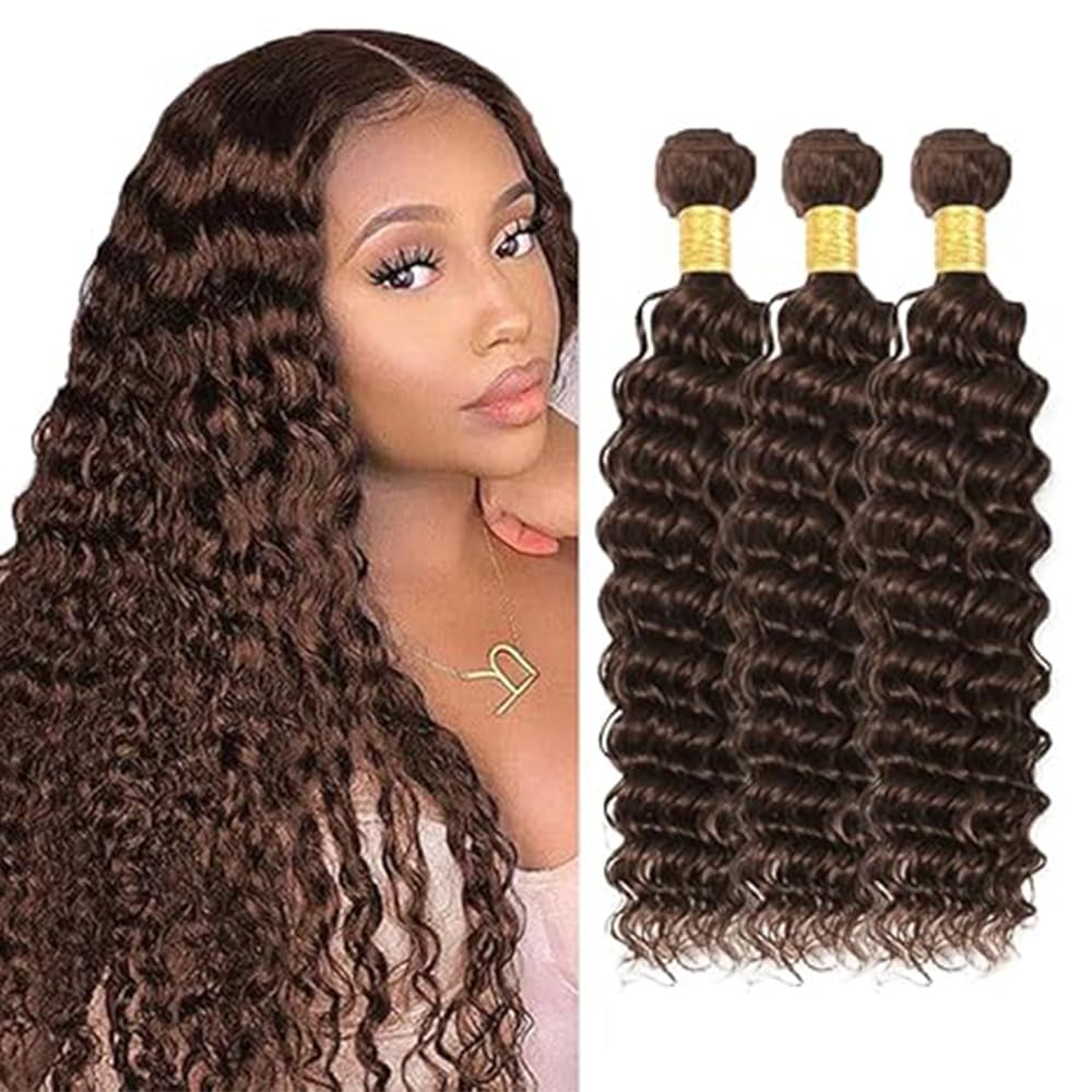 Hxxcoup #4 Chocolate Brown Deep Wave Human Hair Bundles Weave 3 Bundles Total 300g Unprocessed Virgin Double Weft Human Hair Extension Brown Color 22 24 26 Inch