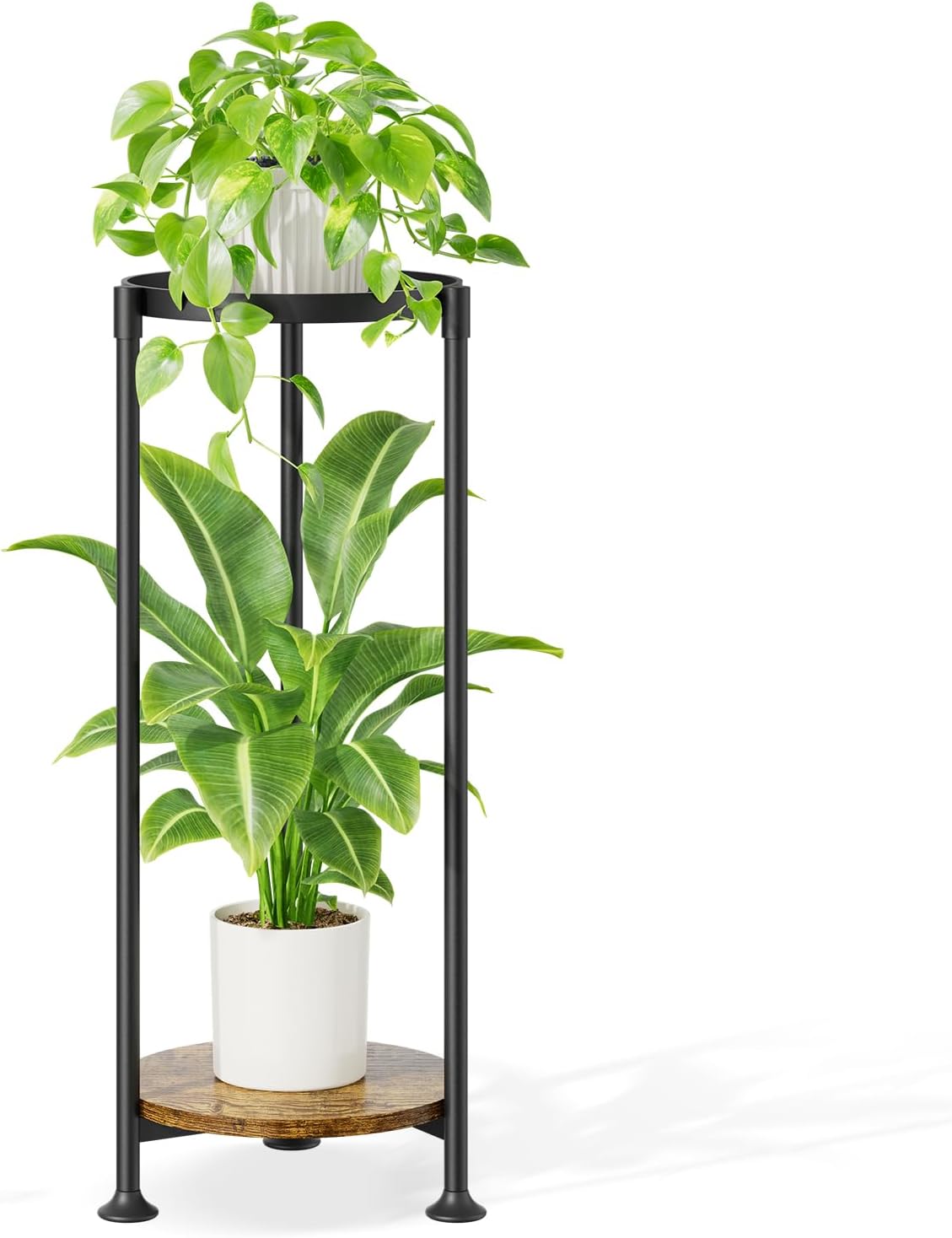 idavosic.ly 2 tier corner plant stand indoor, 30 inch tall vertical metal flower heavy duty pot holder shelf outdoor for patio porch living room, modern black & rustic brown - round 2 tier, black