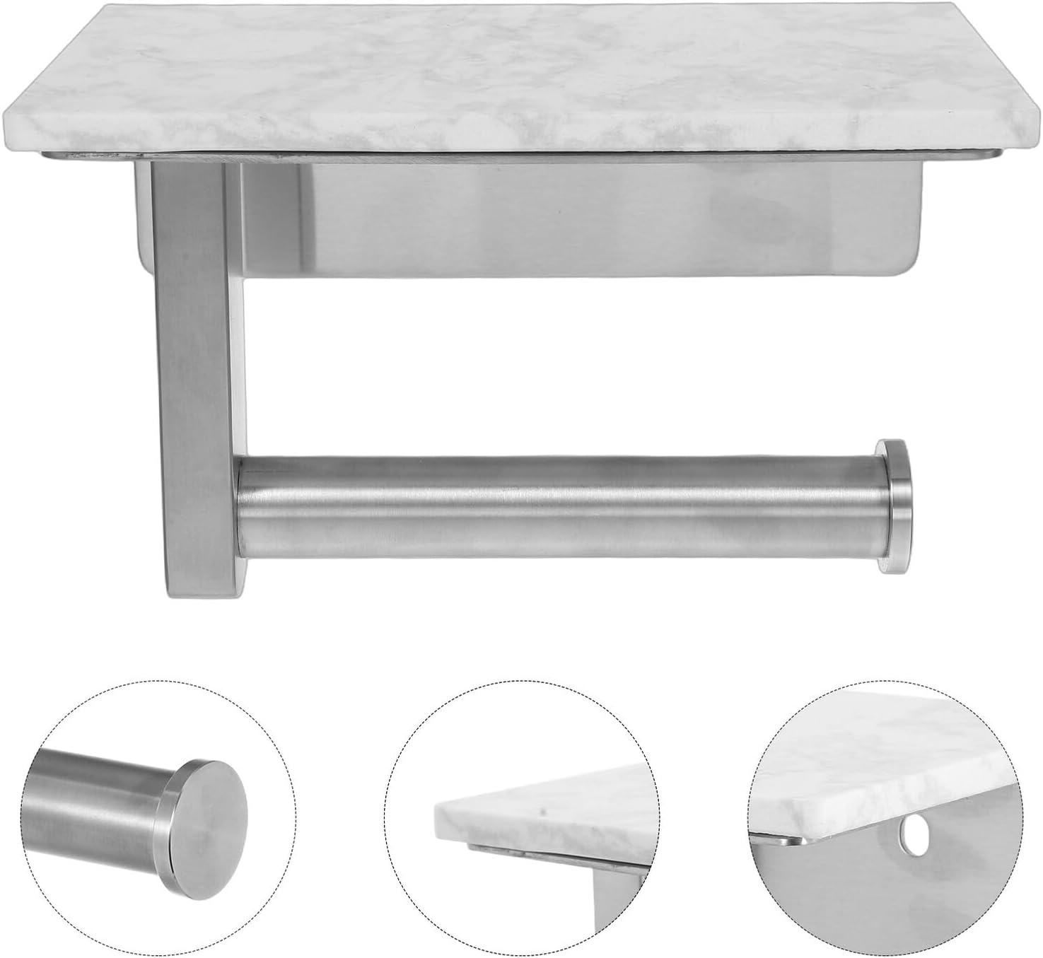 Zerodeko Wall Mounted Toilet Paper Holder with 304 Stainless Steel Brushed Finish and White Marble Shelf, Small Size Tissue Rack for Bathroom Organization and Washroom Use