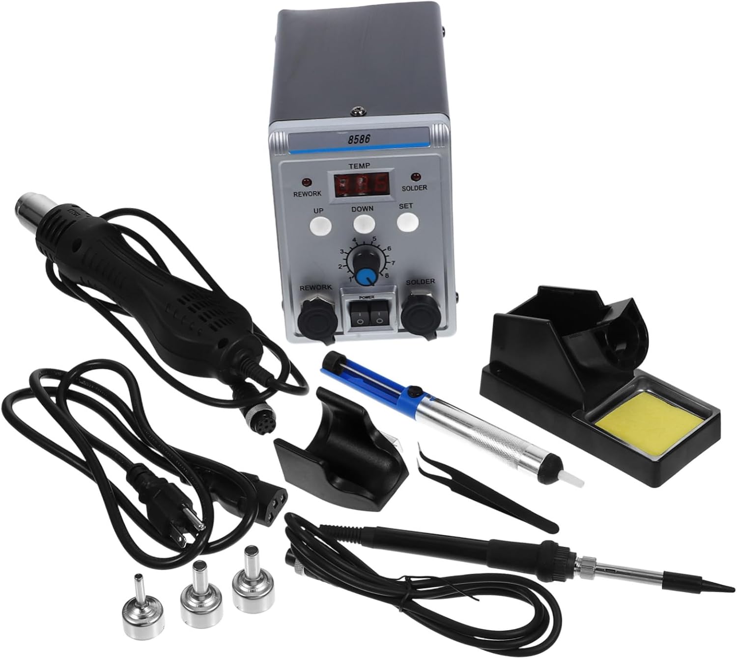 Housoutil 1set Soldering Station Kit Hot Air Rework Function Rapid Heating Soldering Digital Display Includes Bent Tip Tweezers Solder for Efficient Repairs Compatible