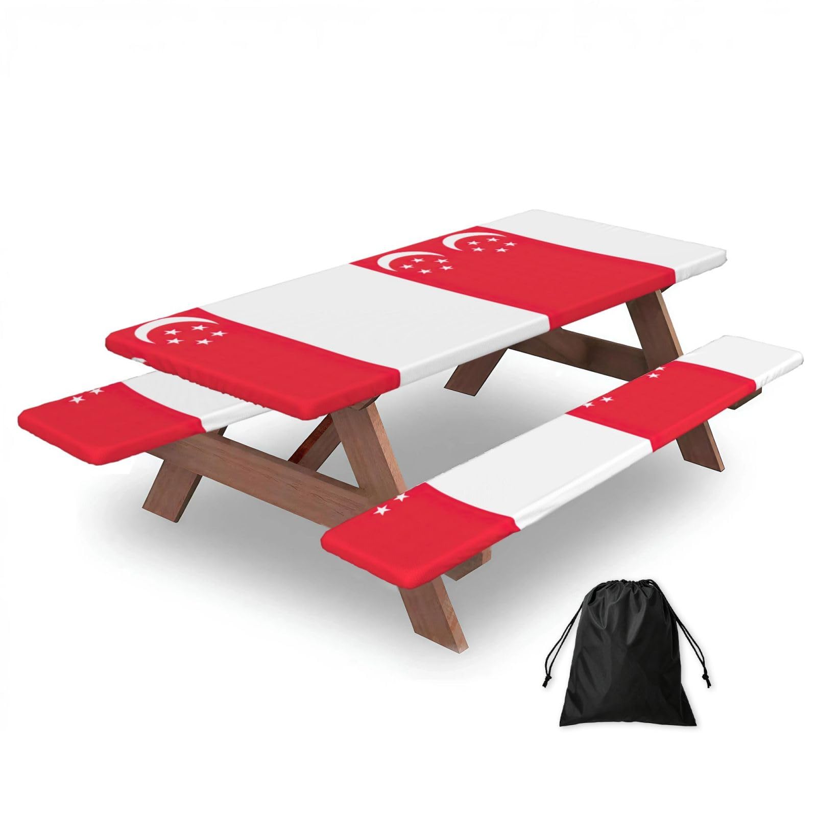 Singapore Flag Print 183cm Picnic Table Cover With Bench Covers, Waterproof Elastic Tablecloth Set For Outdoor
