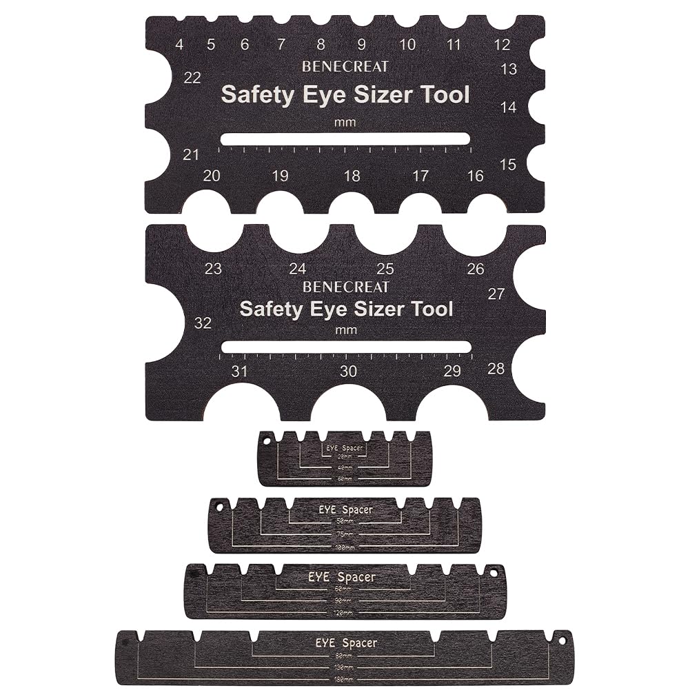 BENECREAT 6Pcs Wooden Safety Eyes Insertion Tool, 4~32mm Diameter Measuring Ruler Crochet Tool for DIY Craft, Plush Bear Eye Installation, Doll Making