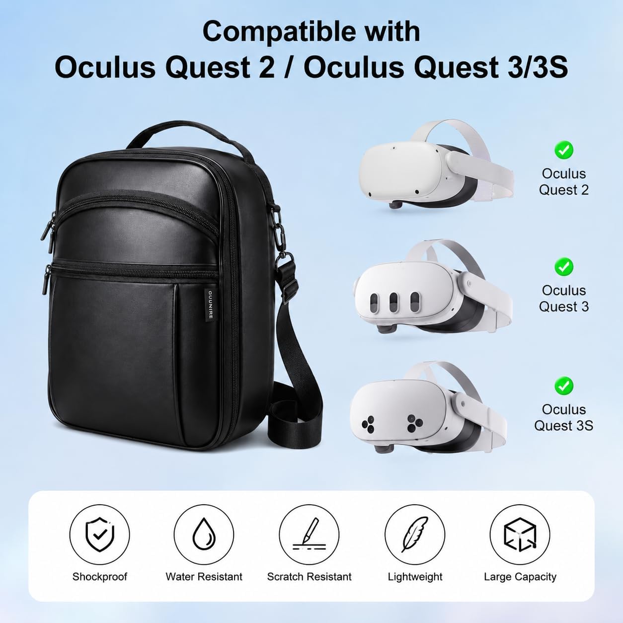 VR Carrying Case Compatible with Meta Quest 3S 3 2 | Features secure zipper pocket, controller straps & power bank cords. Waterproof EVA shell protects VR gear from scratches.