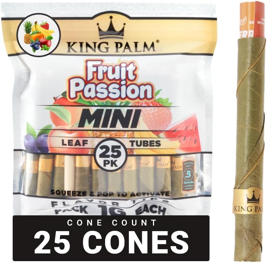 King Palm Mini Size Cones - Natural Pre Rolled Cone Palm Leafs - Corn Husk Filter Tip - Pre Rolled Rolling Paper with Tips & Packing Tubes Included (1 Pack, 25 Cones, Fruit Passion)