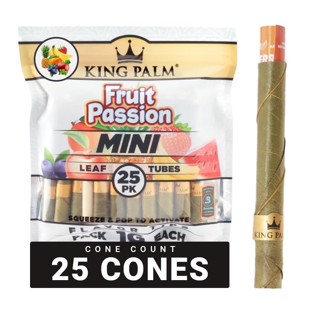 King Palm Mini Prerolled Cones - All Natural Preroll Palm Leaf Cone - Corn Husk Filter Tip - Organic Per Rolled Palm Leaf Wraps - 25 Cones per Pack - (1 Pack, 25 Cones, Fruit Passion)