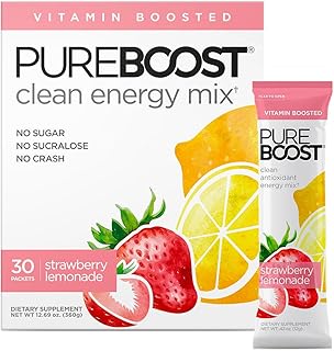 Pureboost Clean Energy Booster, Refreshing Energy Drink Mix with B12 Vitamins, Electrolytes, Antioxidants, Sugar-Free with No Sucralose (Strawberry Lemonade, 30 Count)