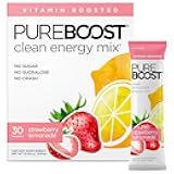 Pureboost Clean Energy Booster, Refreshing Energy Drink Mix with B12 Vitamins, Electrolytes, Antioxidants, Sugar-Free with No Sucralose (Strawberry Lemonade, 30 Count)