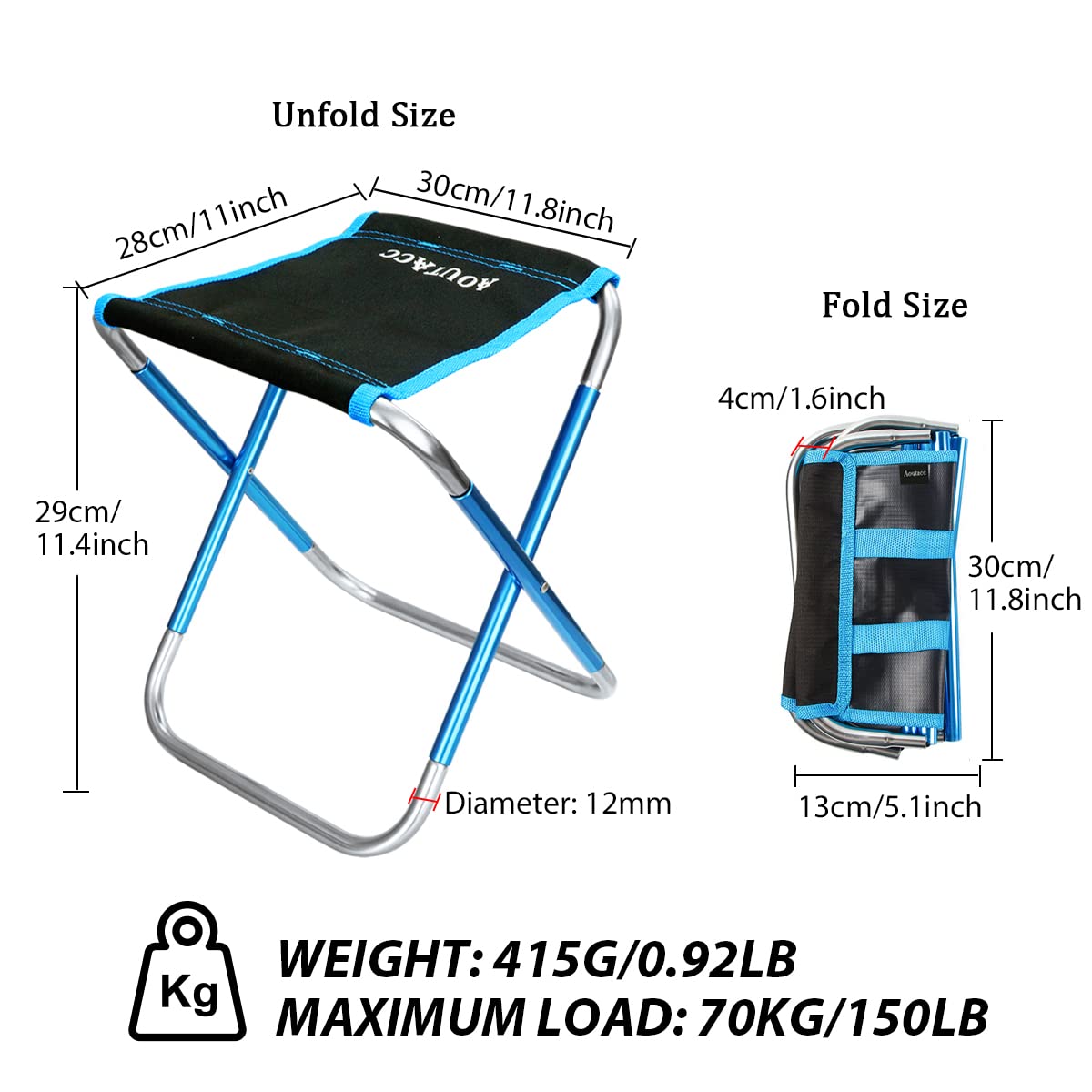 Tabouret pliable avec sac de transport, support en alliage d'aluminium, léger et portable pour camping, pêche, randonnée, voyage, barbecue (bleu, taille L - 30 x 27,9 x 29 cm)