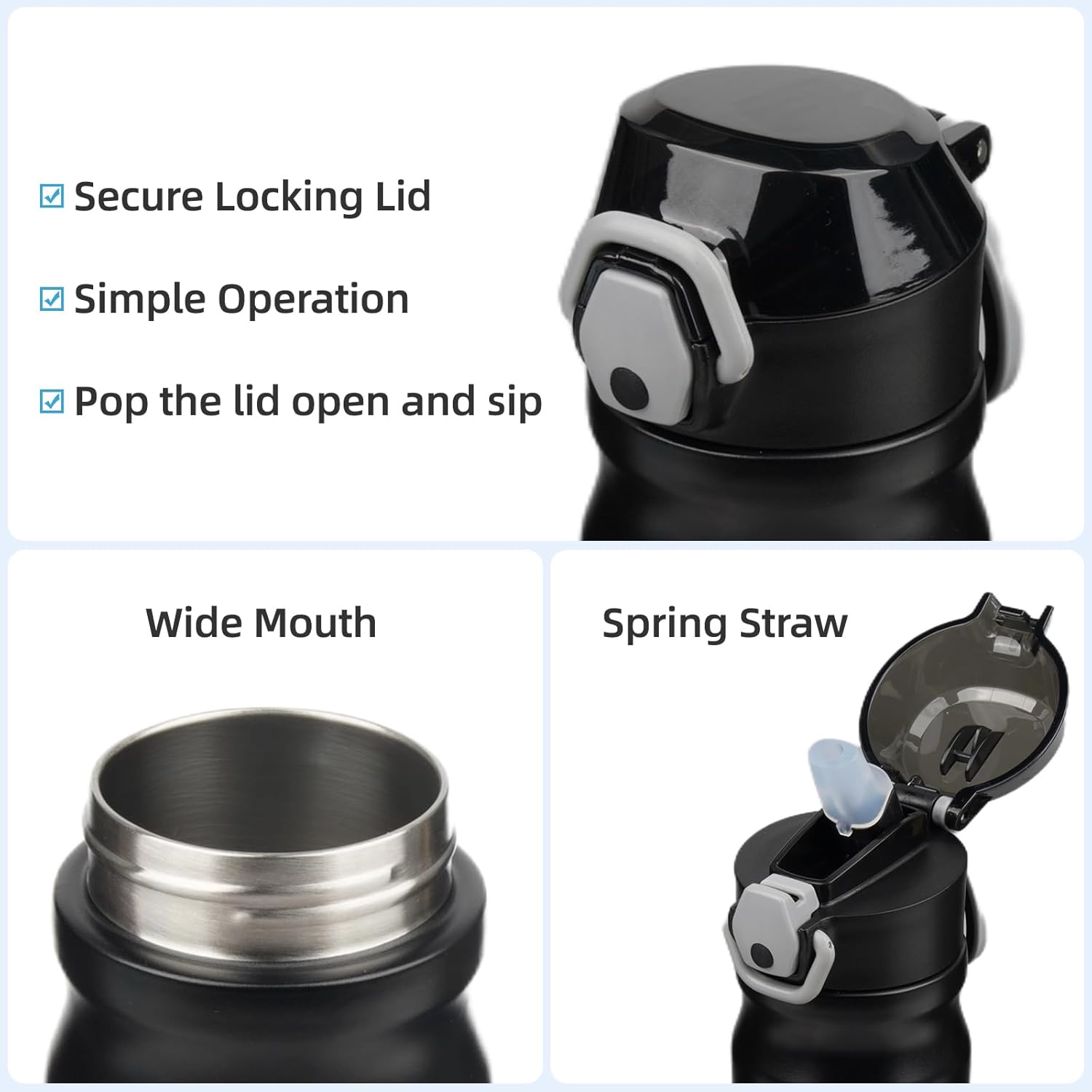 Insulated Water Bottle with Straw and Carry Loop,18 oz Stainless Steel Double Wall Vaccum Metal Water Flask with Leak-proof Lid,Black - Image 4