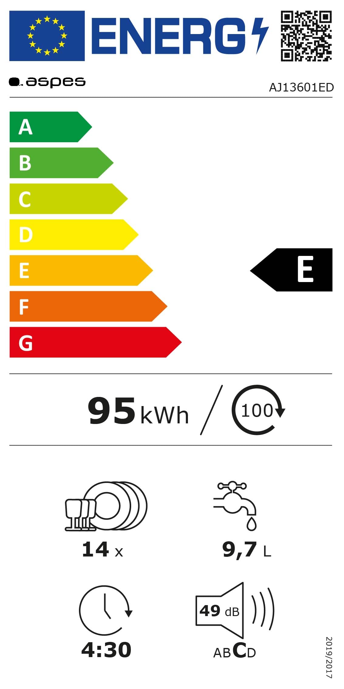 Aspes Lavavajillas 60cm Blanco AJ13601ED. 1890W, 14 Cubiertos, 2 Bandejas, 6 Programas, Display LED táctil, Función Stop&Go, Eficiencia Energética Clase E