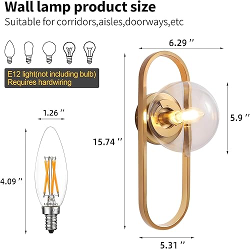 Miniatura 3 de Juego de 2 apliques de pared dorados con pantalla de vidrio transparente para decoración de pared, juego de 2 lámparas de pared para sala de estar,