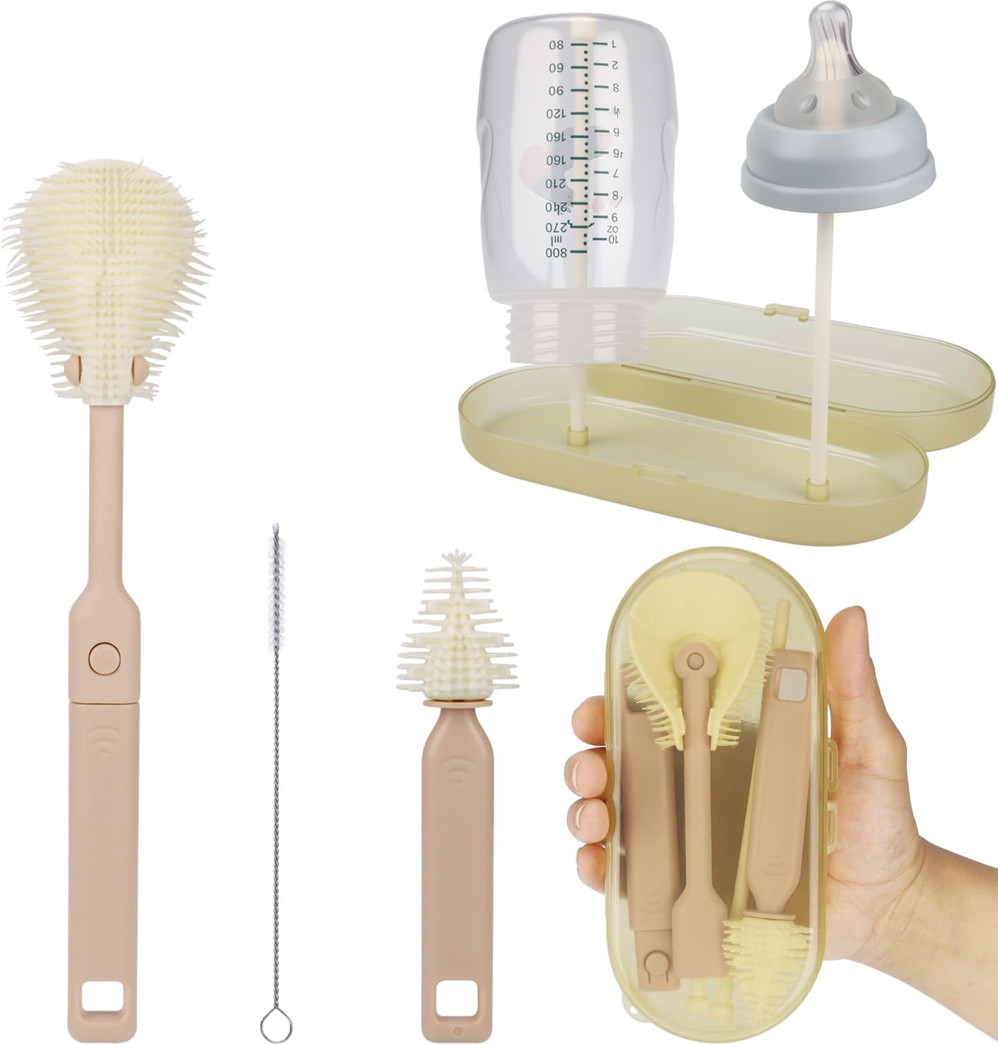 Portable Baby Bottle Brush Set – 5-in-1 Silicone Baby Bottle Cleaner Kit with Nipple Brush, Straw Brush, Drying Rack & Travel Case – BPA-Free, Bottle Washing Set for On-the-Go (Light Yellow)