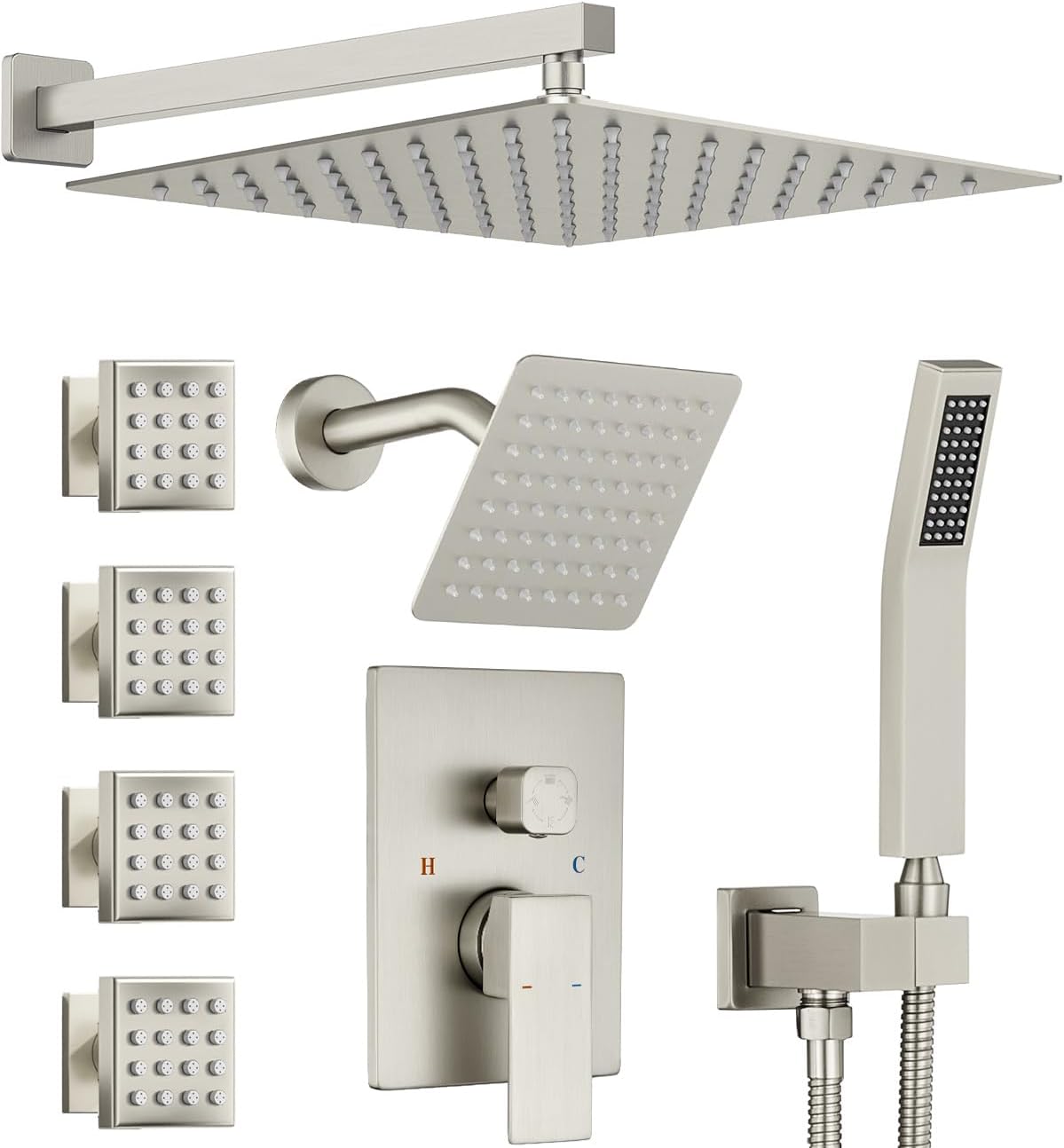 Dual Rainfall Shower Head System with 4 Body Jets, JetsBath Shower Faucet Set Double Shower Head 6-Inch Shower Head & 12” Rain Shower,Luxury Brushed Nickel Shower Faucet Set,Wall-Mounted Shower System