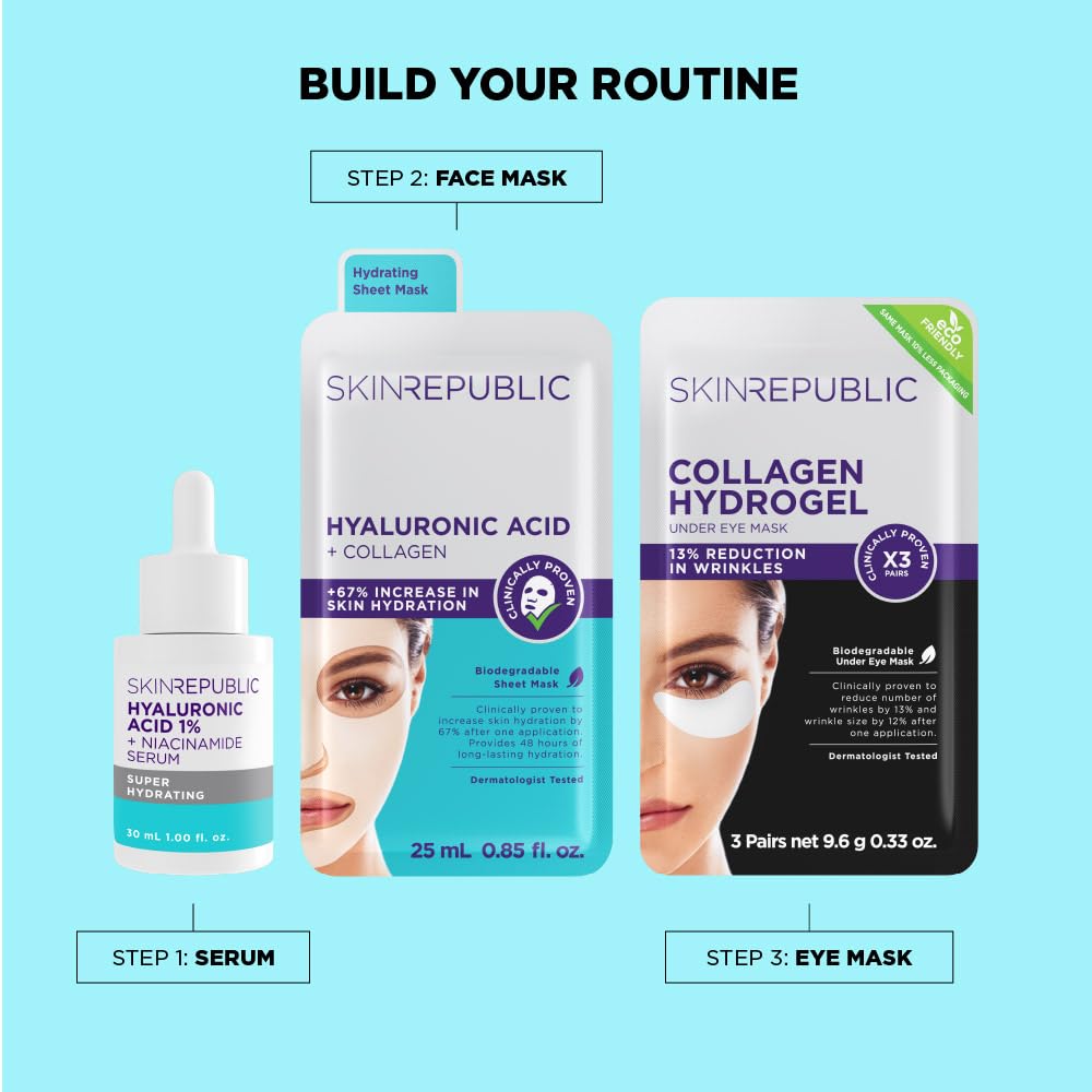 Skin Republic Maska z kwasem hialuronowym i kolagenem, nawilżająca maska na twarz z kwasem hialuronowym i kolagenem, biodegradowalna, 10 sztuk w opakowaniu (10 sztuk)