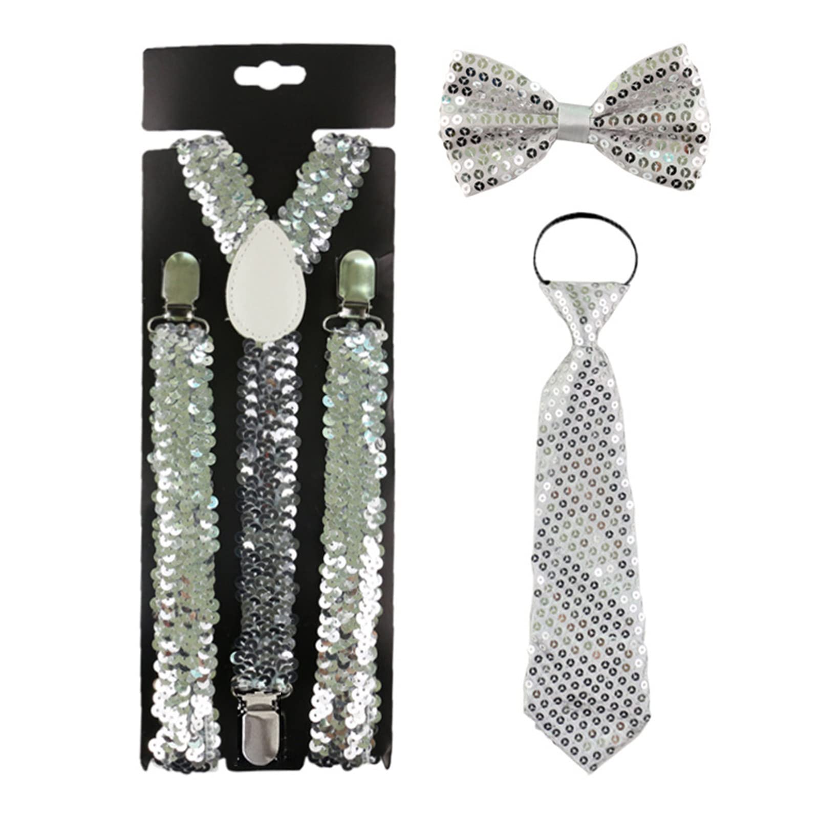 TSBBMen Women 3-In-1 Sparkly Fish Scales Sequins Y-Back Adjustable Suspenders Bowite Necktie Set Outfits Cosplay Costume