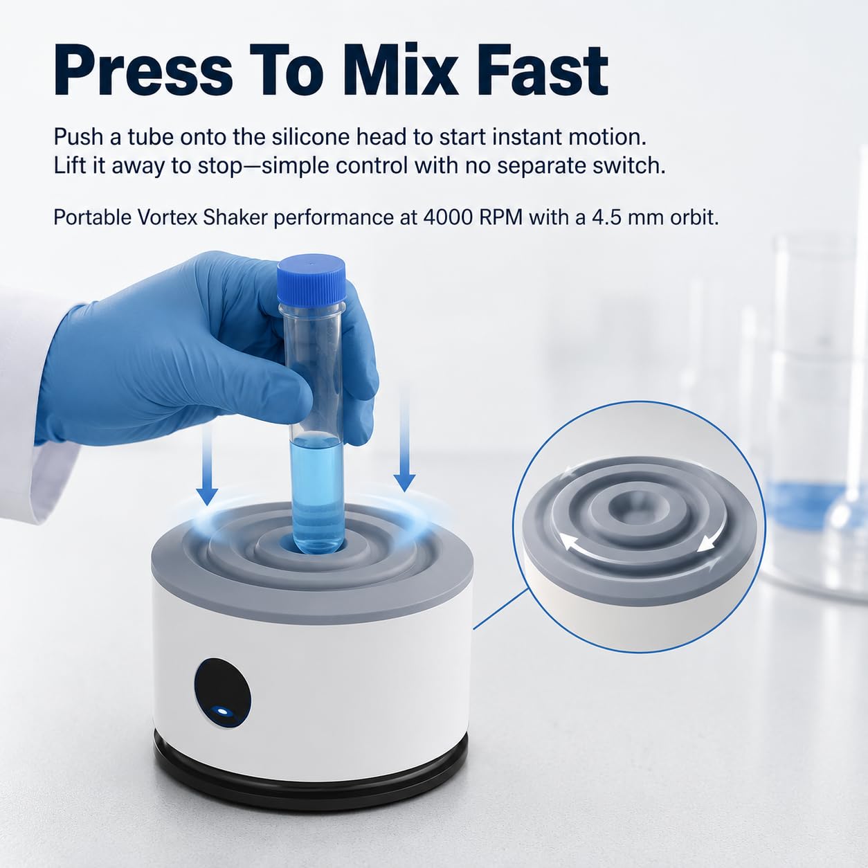 Mini mezclador Vortex, capacidad de 50 ml, 4000 RPM con órbita de 4,5 mm