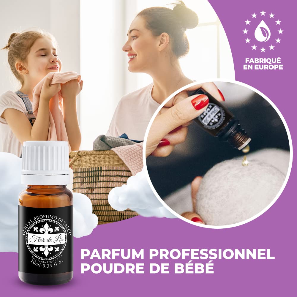 Flor De Lis Boule de Laine pour Sèche-Linge Avec Adoucissant à l'Huile de Talc - 6 Pièces, Laine Mérinos de Nouvelle-Zélande, 10ml Parfum Poudre Bébé - Réutilisables jusqu'à 1100 Fois
