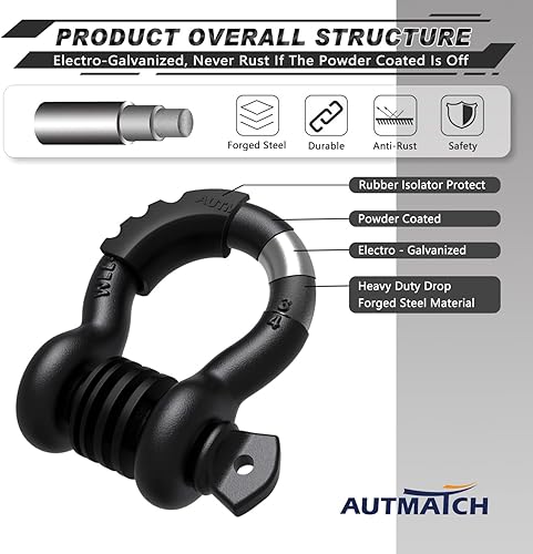 Miniatura 4 de AUTMATCH Grillete de anillo en D de 34 pulgadas (paquete de 2) 41,887 libras de resistencia a la rotura con pasador de tornillo de 78 pulgadas y