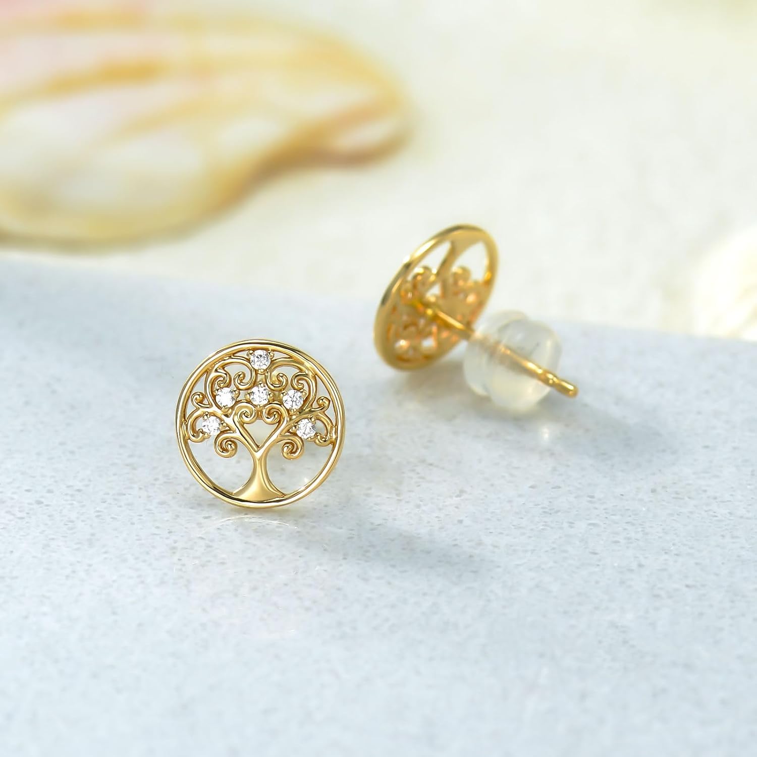 14K Solid Gold Tree of life Stud Earrings For Women,Yellow Gold Life Tree Earrings Fine Jewelry Gifts for Anniversary Mother's Day Gifts for Mom Wife Her - Image 2