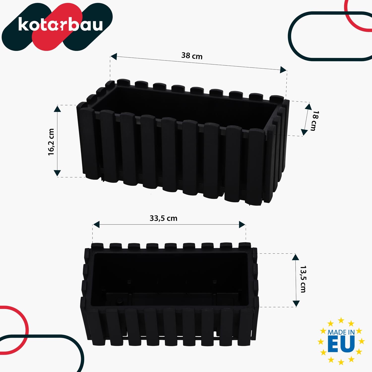 KOTARBAU® 6 szt. Doniczka - Skrzynka Balkonowa - 38 x 18 x 16 cm - na Taras - z Hakami - System Nawadniania - Antracyt