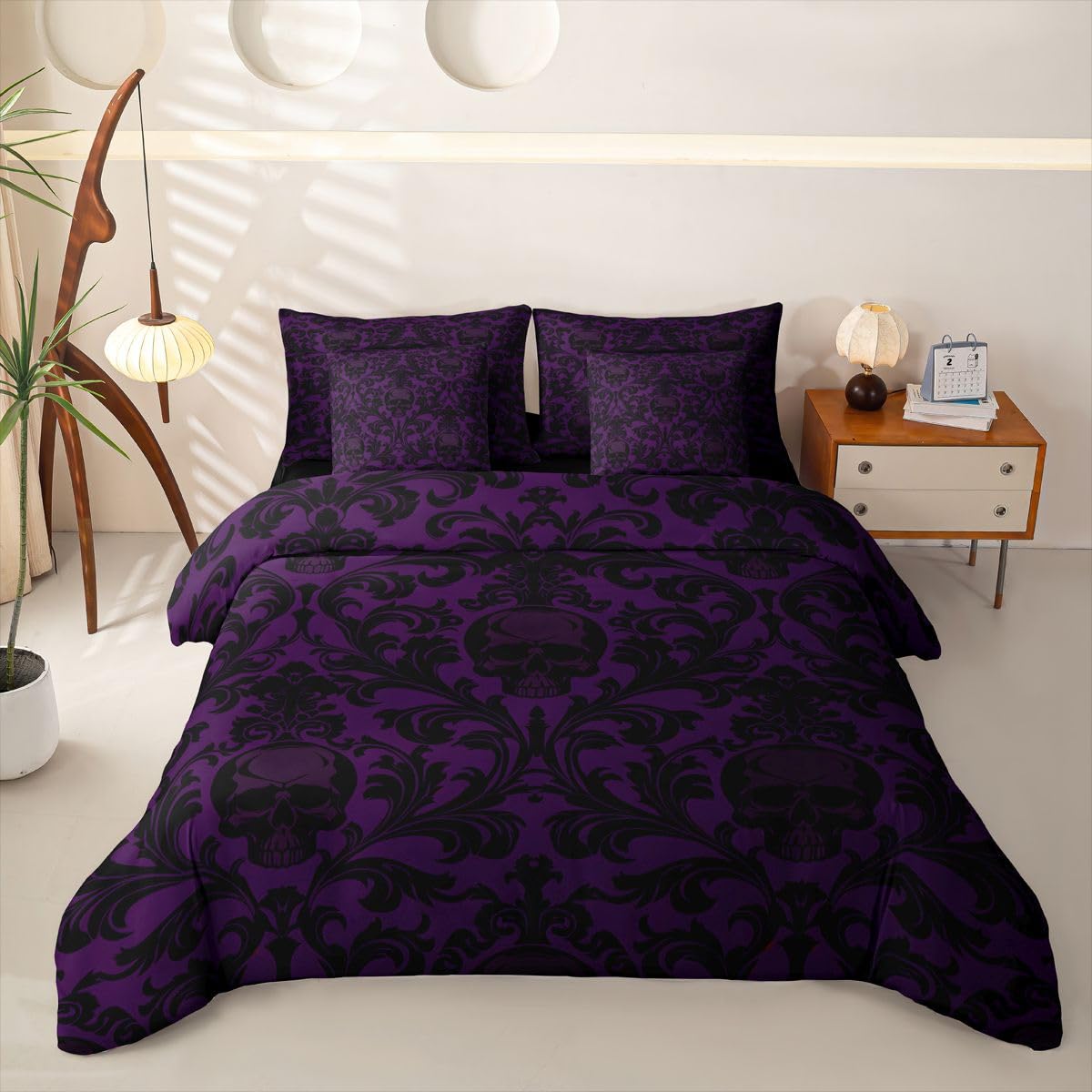 Loussiesd Set di biancheria da letto con copripiumino viola nero con lenzuola, 7 pezzi, per bambini, ragazzi e ragazze, Halloween, teschio viola, decorazione per la stanza, in morbida microfibra