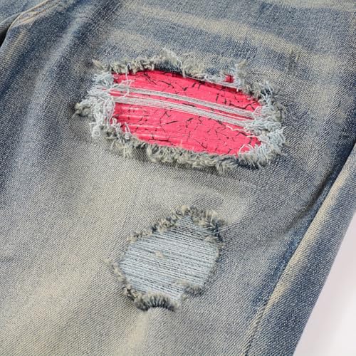 Mens Pink Knee Patchwork Ripped Jeans Skinny Pants Stretch Slim Fit Distressed Trousers3