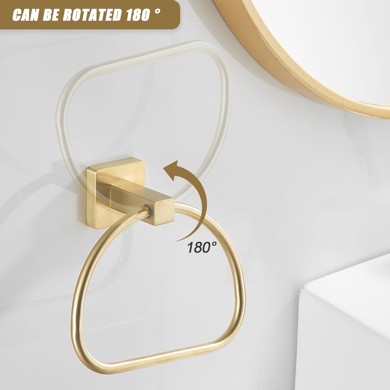 Leyden Brushed Gold Hand Towel Holder, Bathroom Towel Ring, Bath Hand Towel Hangers Wall Mounted Half Round Modern