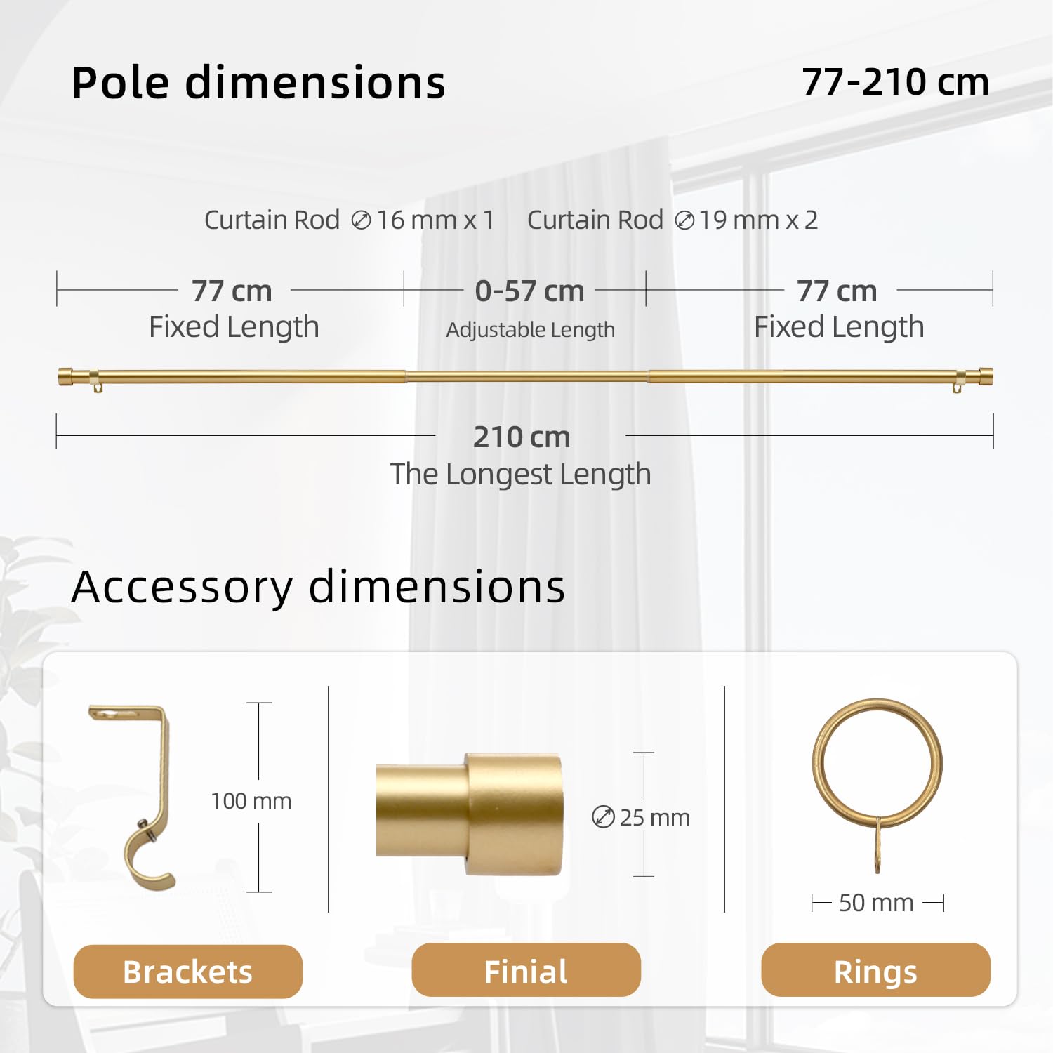 Tringle à rideaux extensible de 120 cm à 210 cm avec embouts dorés, 121,9 cm à 213,4 cm - Tringle à rideaux réglable avec tringles, embouts, supports et kits de quincaillerie