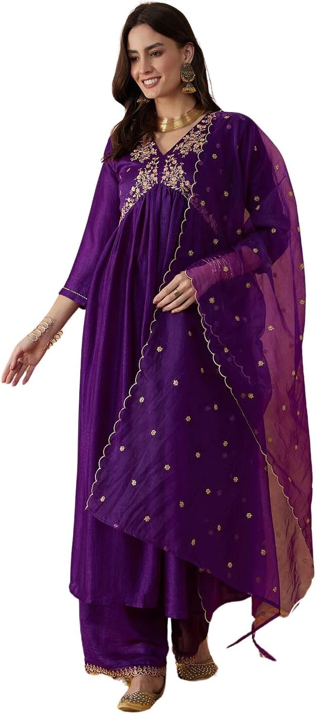 Rayon Women's Embroidered Alia Cut Kurta With Pant And Dupatta Set
