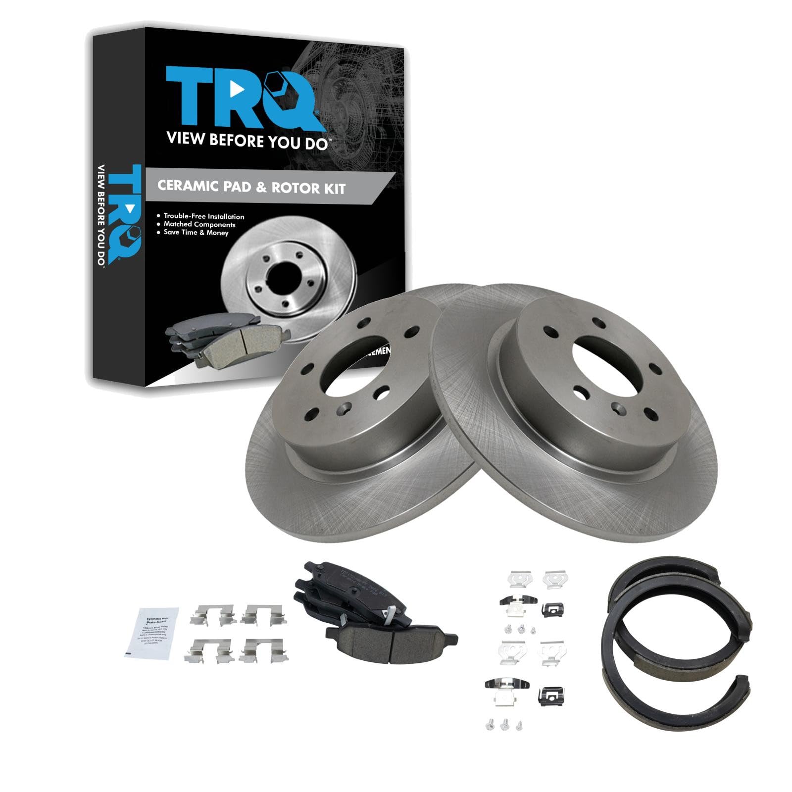 TRQ Rear Brake Pad and Rotor Set Ceramic Rotors Parking Shoe Compatible with 2006-2010 Cadillac DTS
